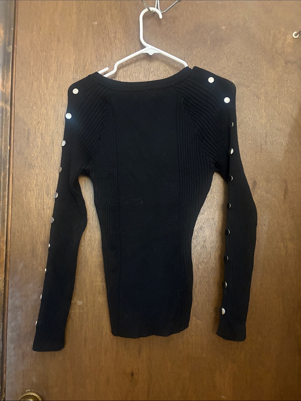 Black Ribbed Button-Sleeve Knit Top - Picture 2 of 2